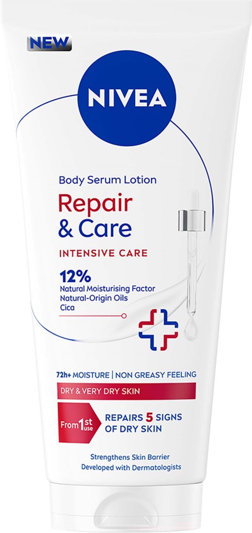 Nivea Body Serum Lotion Repair & Care Tube mit blauer und roter Schrift, silberner Verschluss, für trockene Haut.