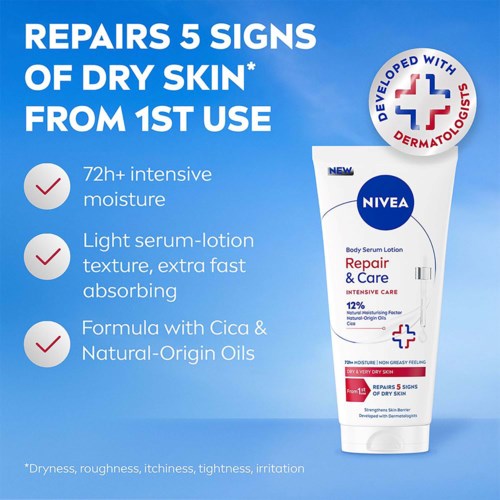 Eine Tube Nivea Repair & Care Körperlotion mit Text, der die Vorteile bei trockener Haut durch Erste Anwendung hervorhebt.