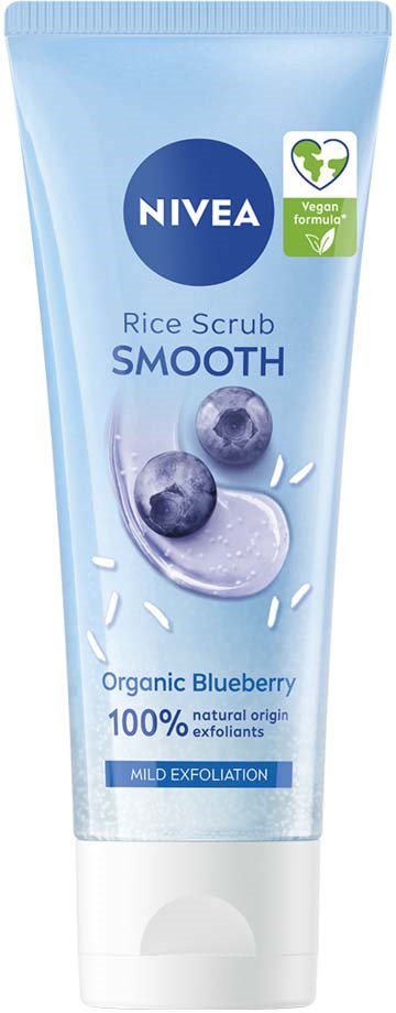 Nivea rispeeling med blåbær, vegansk, til mild eksfoliering, økologiske og naturlige ingredienser.