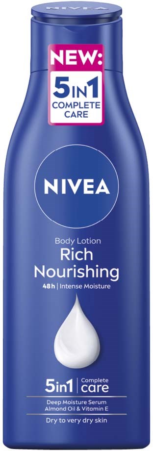A blue bottle of Nivea Rich Nourishing Body Lotion with a white droplet image, labeled 5 in 1 care, for dry skin.