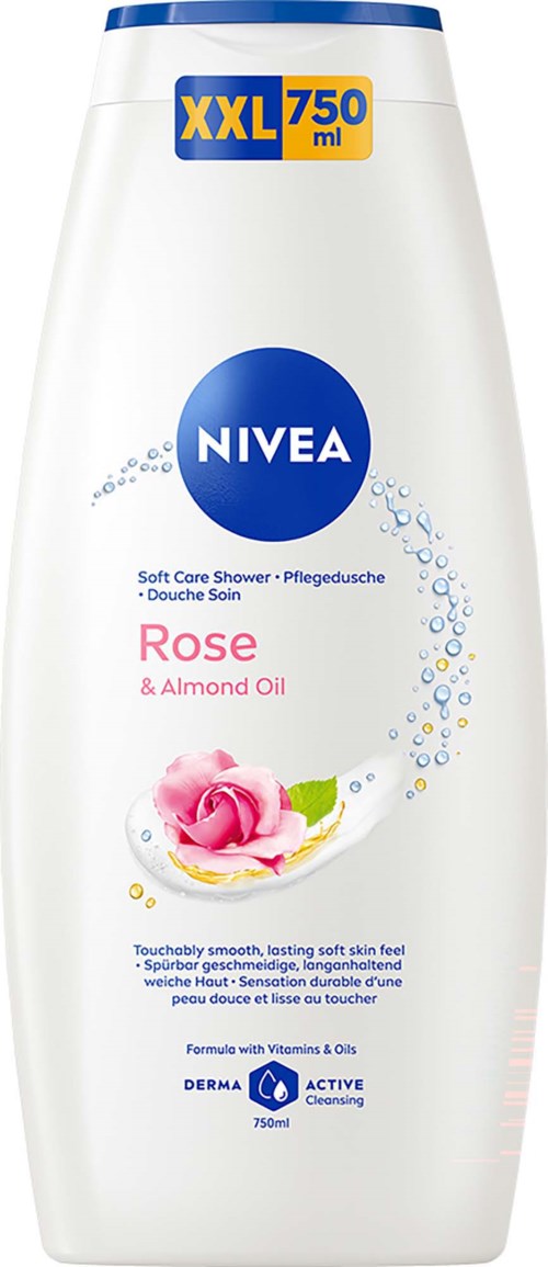 Een grote fles Nivea Rose en Amandelolie douchegel, 750 ml, met witte achtergrond en rozenbeeld.
