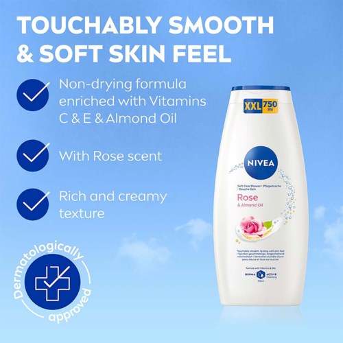 Nivea douchegel fles met roos- en almondolie tegen blauwe achtergrond, met productvoordelen en logo.