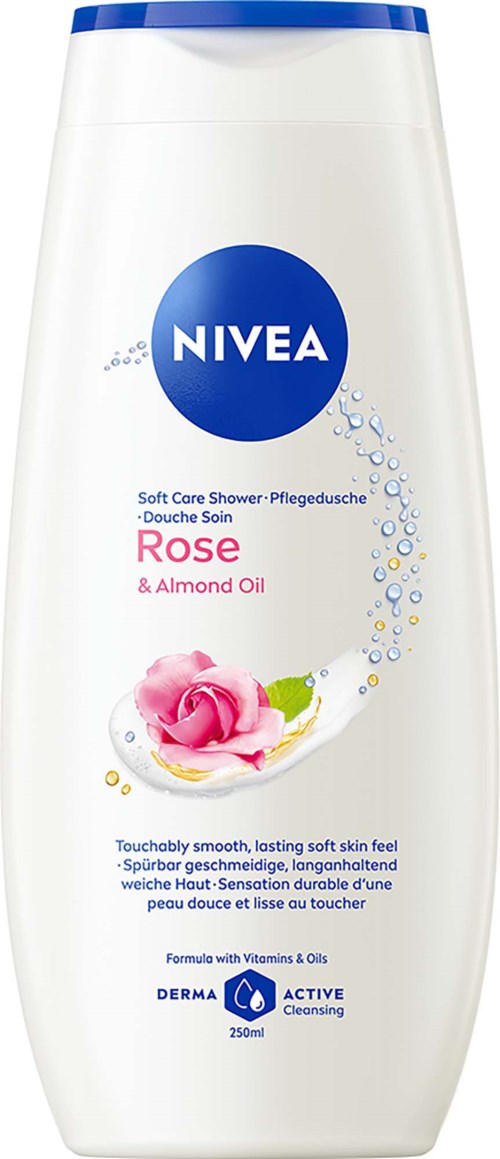 NIVEA Roos en Amandelolie douchegel fles met blauwe dop, met afbeelding van roos en productgegevens in meerdere talen.
