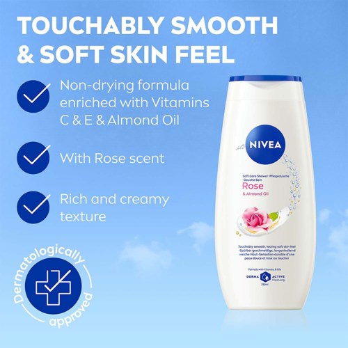 Nivea bodylotion met rozengeur in een witte fles met blauwe dop tegen een lichtblauwe achtergrond.