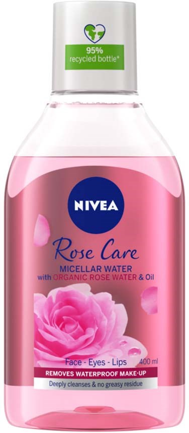 Pink flaske med Nivea Rose Care micellar vand med rosenbillede og grøn genbrugslabel.