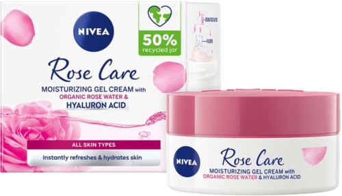 Nivea Rose Care feuchtigkeitsspendende Gelcreme mit rosa Deckel, Rosenblätter und Informationen über recycelten Behälter und Inhaltsstoffe.