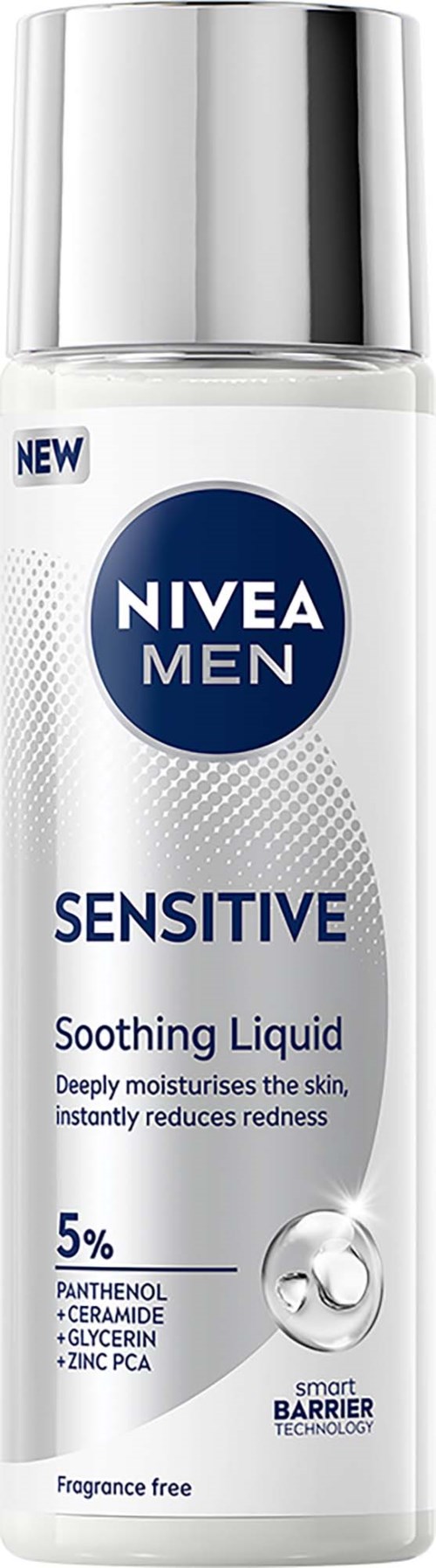 En Nivea Men Sensitive lugnt vätskeflaska med silverlock, visar produktdetaljer och ingredienser på etiketten.