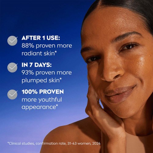 A woman with clear, glowing skin smiling lightly, with text showing skincare benefits after use.