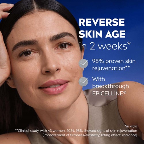 A woman showing clear skin, promoting skincare for reversing skin age in 2 weeks, with proof and product name.