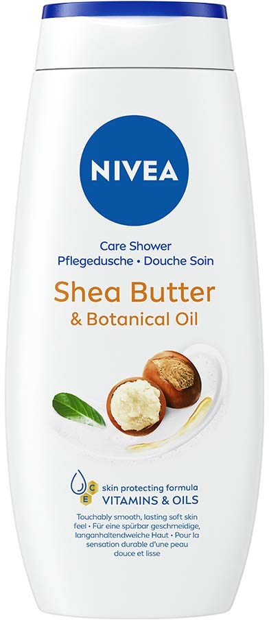 En vit flaska med Nivea Care Shower med Shea Butter och botanisk olja, visar sheanötter och ett grönt blad.
