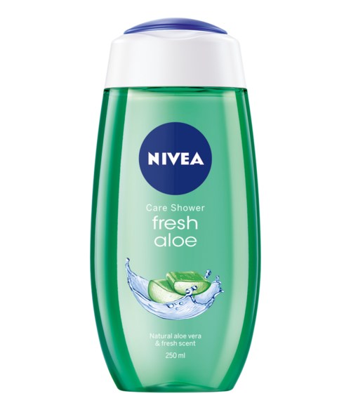 En grön flaska NIVEA Care Shower med aloe, 250 ml, med vit och blå kork, har illustrationer av aloe och vattensplash.