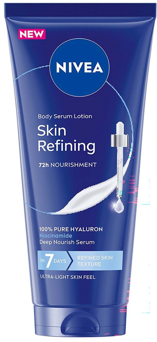 Nivea Skin Refining Body Serum Lotion tube in blue with white and pink accents describes a skincare product for nourished, smooth skin.