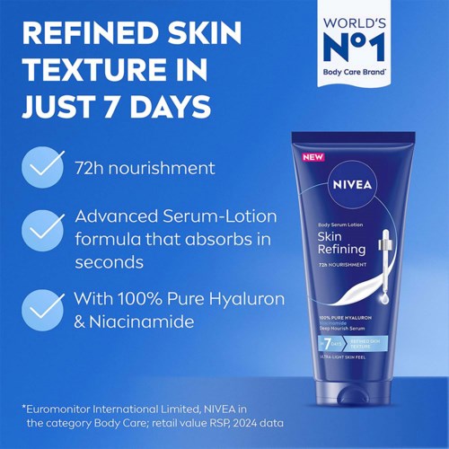 Nivea Skin Refining Serum Lotion tube with blue and white packaging, highlighting nourishment and skin benefits.