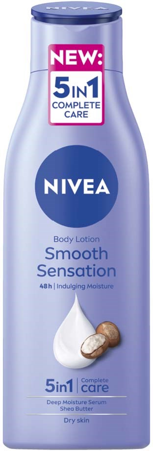 A blue bottle of Nivea body lotion with a label for smooth sensation and 5-in-1 care. It shows shea butter and a clock.