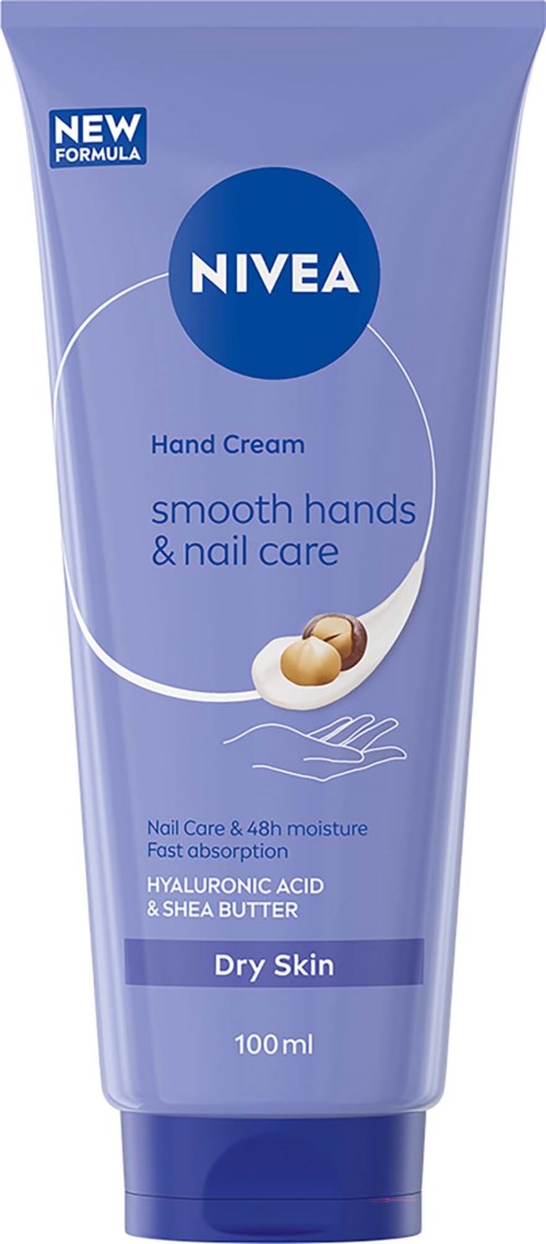 NIVEA handkrämrör med blå förpackning, innehåller 100 ml, för torr hud, med sheasmör och hyaluronsyra.