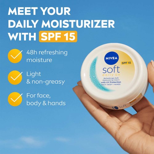 Tekst og billede af Nivea Soft fugtighedscreme med SPF 15, fordele opført, hånd holder beholder.