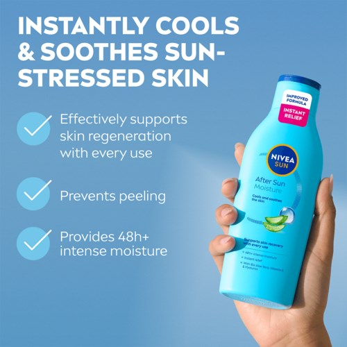 Nivea Sun After Sun Moisture -pullo, joka kertoo sen hyödyt kuten ihon tukemisen, irtoamisen ehkäisyn ja yli 48 tunnin kosteutuksen.