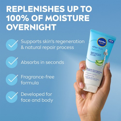 Tekst og billede af Nivea after sun serum, der fremhæver fordele som hudreparation, hurtig absorption, parfume-fri og til ansigt og krop.