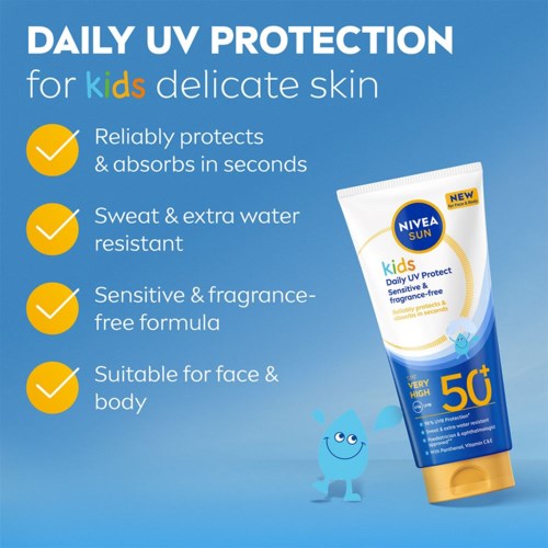 NIVEA Kids solcreme beskytter følsom hud, er vandafvisende, duftfri, og egnet til ansigt og krop.