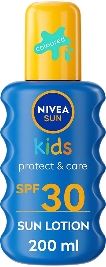 A blue bottle of Nivea Sun Kids sun lotion with a yellow cap, SPF 30, 200 ml, for children.