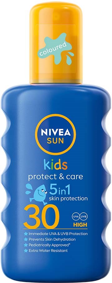 Blue sunscreen bottle for kids with yellow cap, SPF 30, offers skin protection, waterproof, and contains a blue smiley logo.