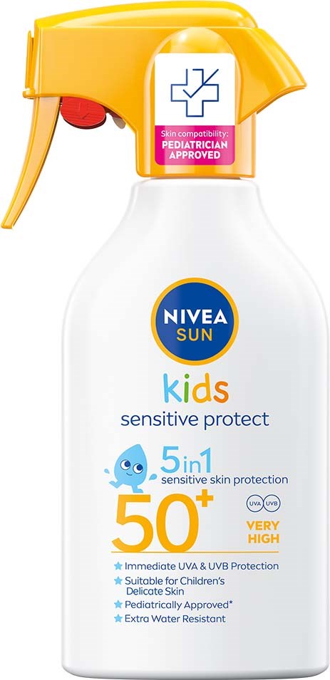 White bottle with a yellow spray top, labeled NIVEA SUN Kids sunscreen with SPF 50+, for sensitive skin protection.