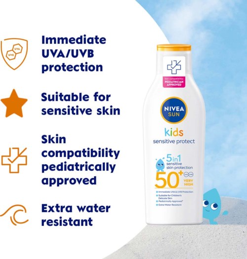 Nivea Sun Kids -pullosuuttimen pullo, jossa suojausominaisuudet ja sininen vesisademaari.