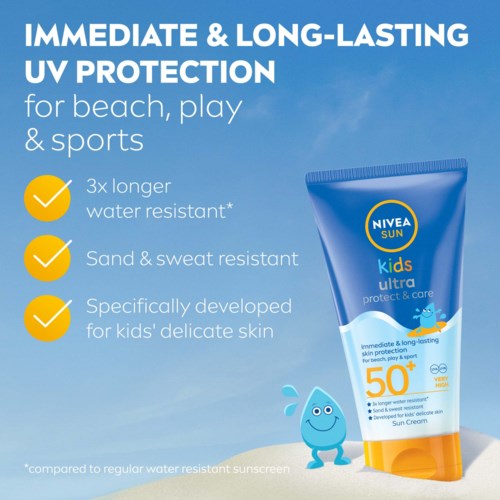 Kuvassa on sininen Nivea Sun -kuminauha lapsille, joka tarjoaa SPF 50 -suojan rannalle ja urheiluun.