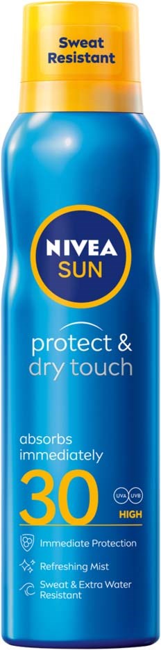 Sininen Nivea Sun -pullo, keltainen korkki, SPF 30 ja hikoilssuoja.