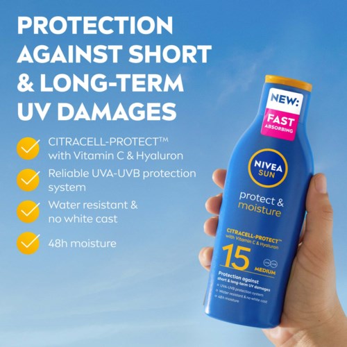 En solskyddsflaska märkt NIVEA SUN, med påståenden om skydd mot UV-skador, vattentålighet och 48-timmars fukt. nämner Vitamin C och Hyaluron.