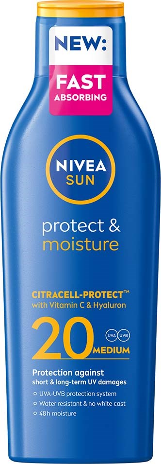 Blå flaska från Nivea Sun med gul kork, märkt för skydd och fukt, med SPF 20, ger UV-skydd.