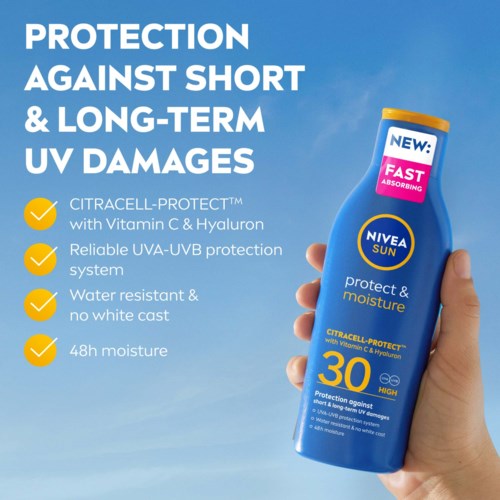 En Nivea Sun solkräm med SPF 30, som betonar skydd mot UV-skador, vattentålighet och långvarig fukt.