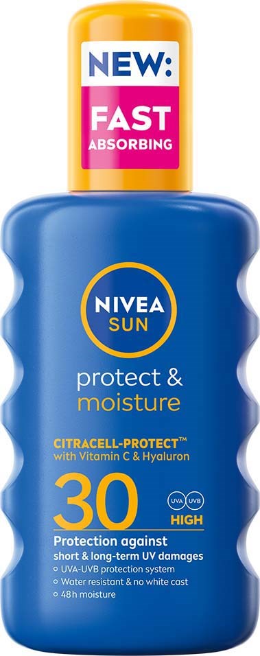 Sininen aurinkovoidepullo keltaisella korkilla, SPF 30, suojaa ihoa, sisältää C-vitamiinia ja hyaluronihappoa, nopeasti imeytyvä.