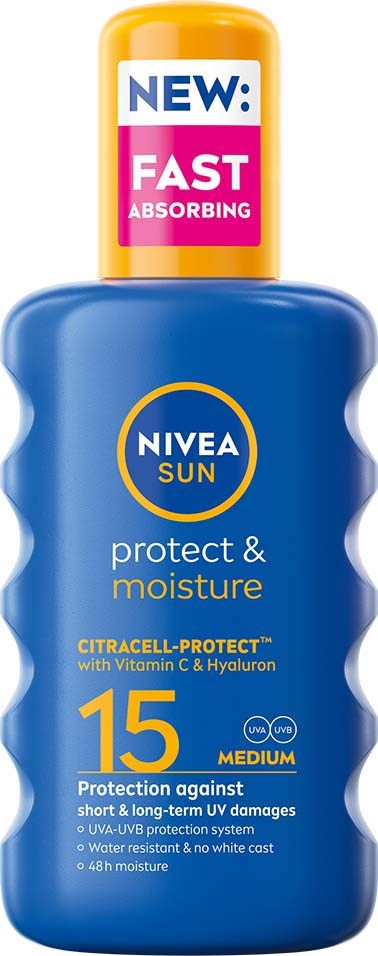Blå flaske med solcreme med gul top og etiket, giver beskyttelse med SPF 15. Indeholder Vitamin C og Hyaluronsyre.