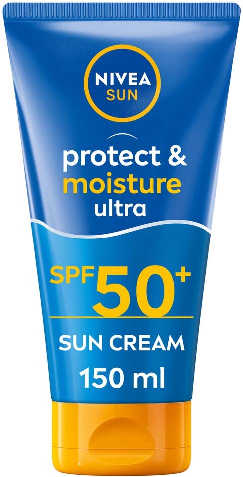 Blue tube of Nivea Sun protect and moisture ultra sun cream with SPF 50+ and 150 ml size.
