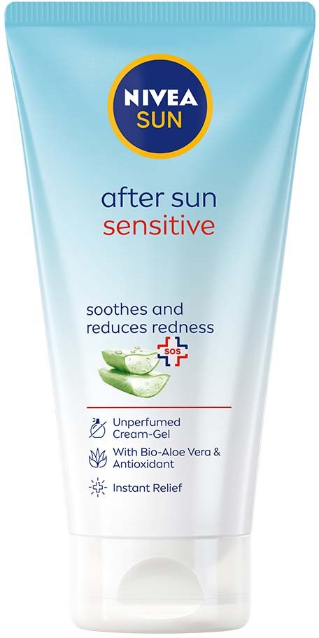 Nivea Sun after sun cream-gel for sensitive skin with aloe vera and antioxidants. It soothes, reduces redness, and provides instant relief.