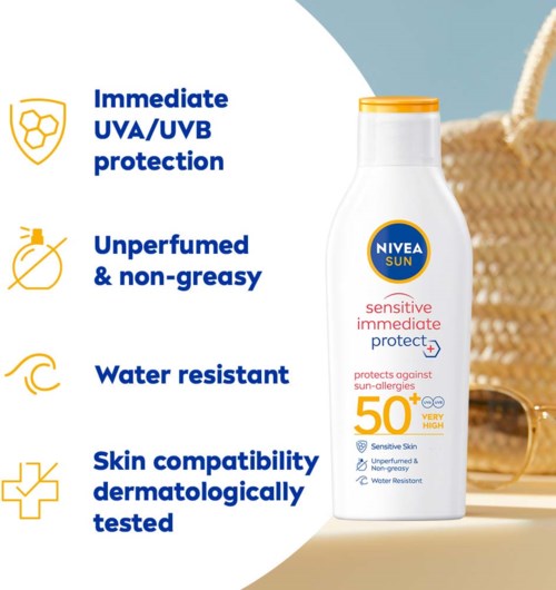 Aurinkovoide lupaa välittömän UVA/UVB-suojan, ei rasvainen, vettä hylkivä, sopii herkälle iholle ja dermatologisesti testattu.