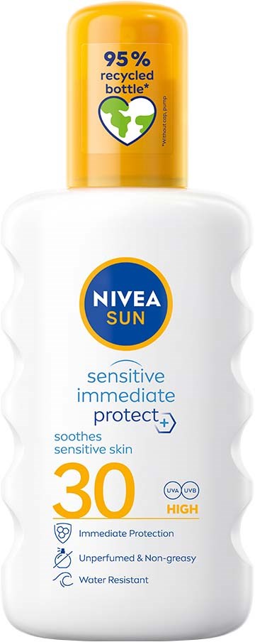 Vit flaska med gul lapp, märkt Nivea Sun, SPF 30, ger solskydd, lugnar huden, vattenavvisande.