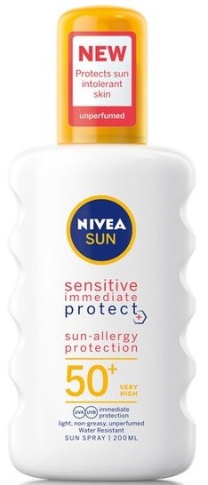 En vit solkrämflaska med gul kork. Den har NIVEA SUN-loggan och visar högt SPF 50+ skydd.