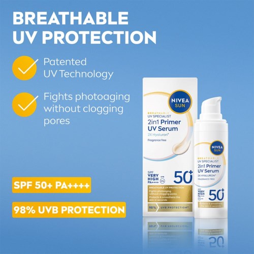 Blå bakgrund med text om UV-skydd och en solkräm. Innehåller SPF 50+ och UVB-skydd.