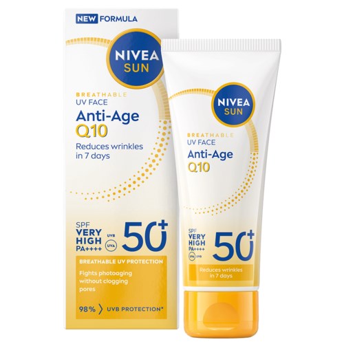 A white and yellow tube of Nivea Sun sunscreen lotion with a matching box, both promoting anti-aging and UV protection.
