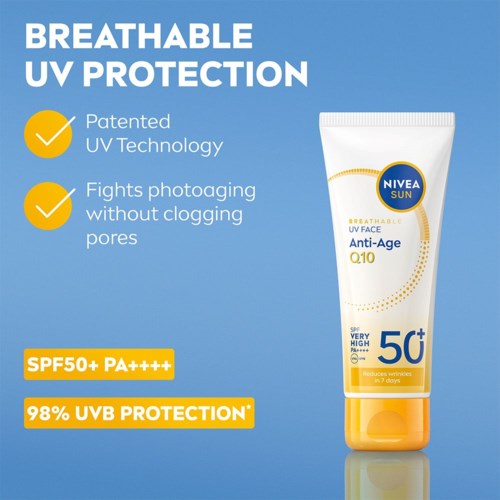 Blue background with a sun protection tube and text about UV protection and SPF 50+.