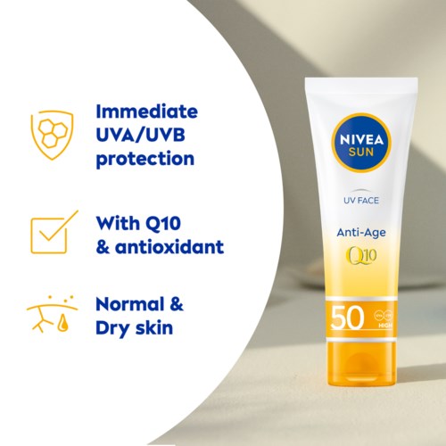 Nivea Sun sunscreen for face with Q10, protects against UV rays, suitable for normal and dry skin, SPF 50.