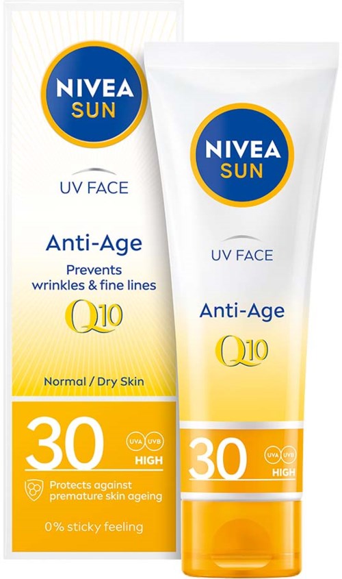 Krem do twarzy NIVEA Sun UV Face Anti-Age z SPF 30 dla skóry normalnej/suchej, chroni przed starzeniem, nie lepi się.