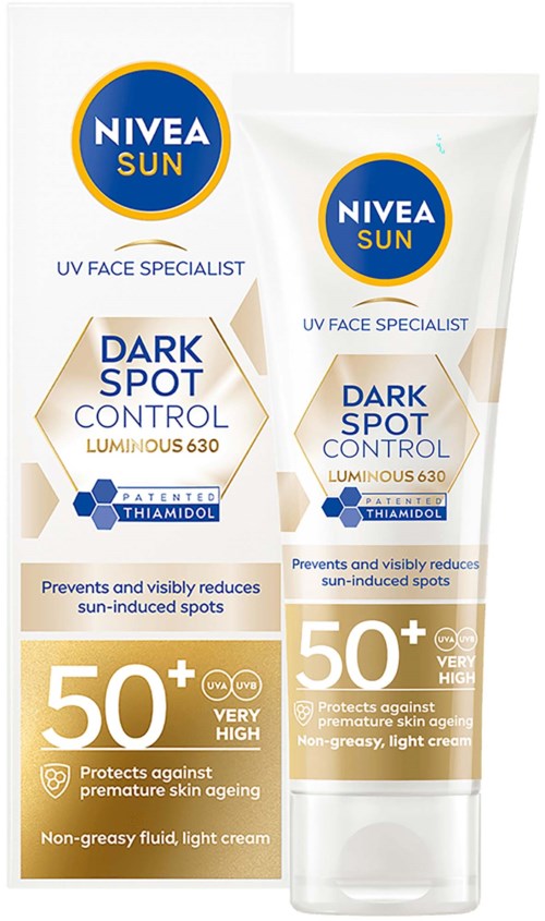 Nivea Sun mørke pletkontrolcreme med SPF 50+ beskytter huden mod solpletter og ældning, let og ikke-fedtende.
