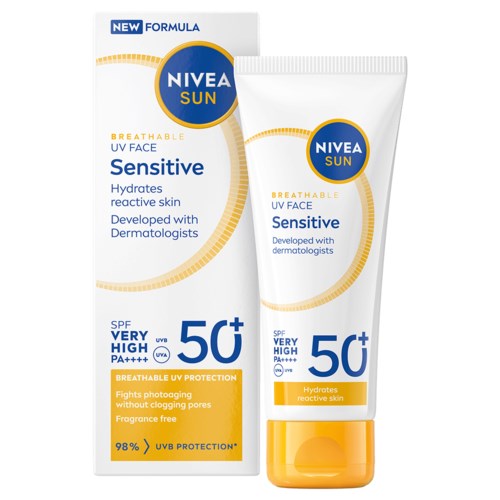 A tube of Nivea Sun Sensitive UV face sunscreen with SPF 50+ and its box, showing protection for sensitive skin.