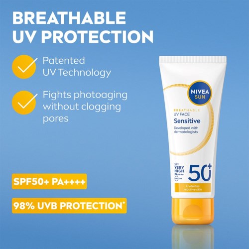 Sun protection cream with SPF 50+ and high UVA protection, claims to fight UV and prevent pore clogging.