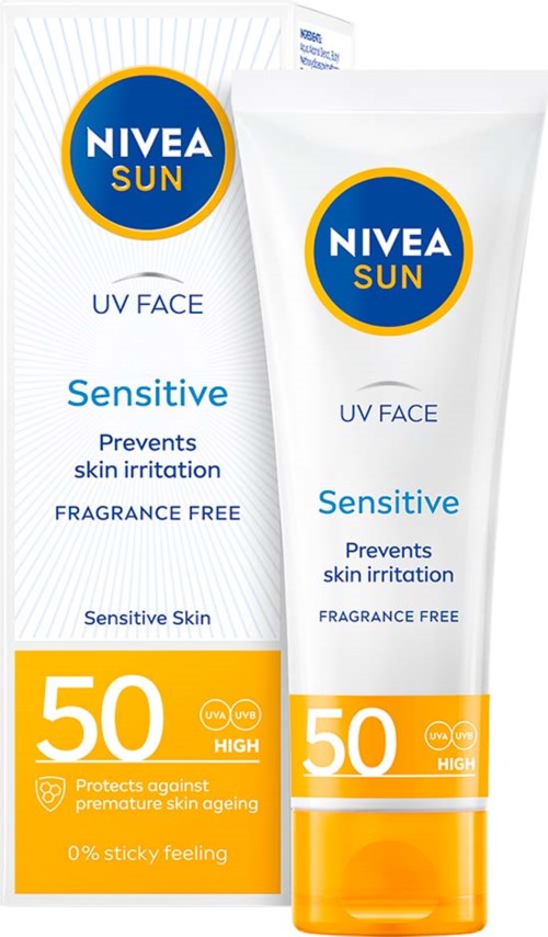 Nivea Sun UV Face Sensitive sunscreen for sensitive skin, SPF 50, fragrance-free, protects against skin irritation, high UV protection.