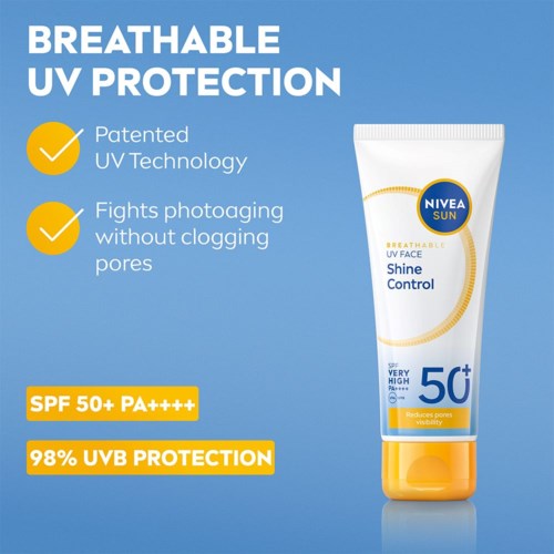 Eine Sonnencremetube mit der Aufschrift 'Breathable UV Face Shine Control' bietet SPF 50+ Schutz und 98% UVB-Schutz.