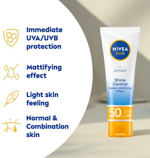 NIVEA Sun UV ansigtscreme giver beskyttelse, matter, føles let, og passer til normalt og kombineret hud.